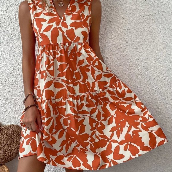 Allover Plant Print Notch Neck Ruffle Hem Dress - Picture 5 of 5